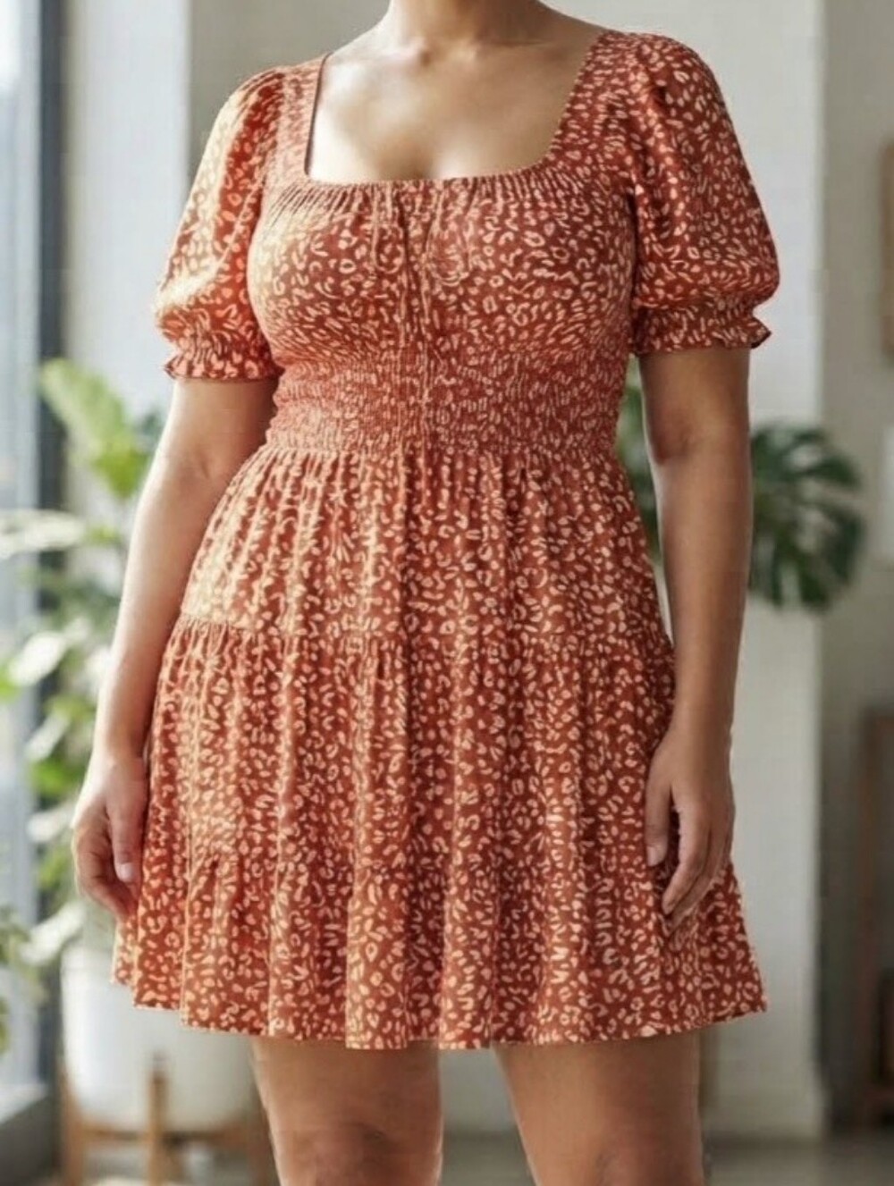 Rust Tiered Puff Sleeve Dress Size Large by Liberty Love